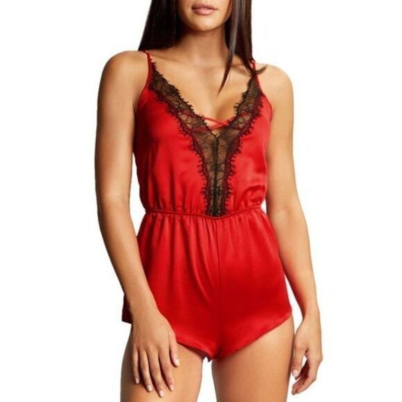 ‎Cherryann Satin Romper Style Teddy Red Black Lace Lingerie - Picture 1 of 9
